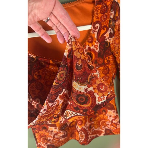 Retro Inspired Mesh Top Juniors L Orange Paisley Bell Sleeves Hippie Boho - Picture 4 of 9